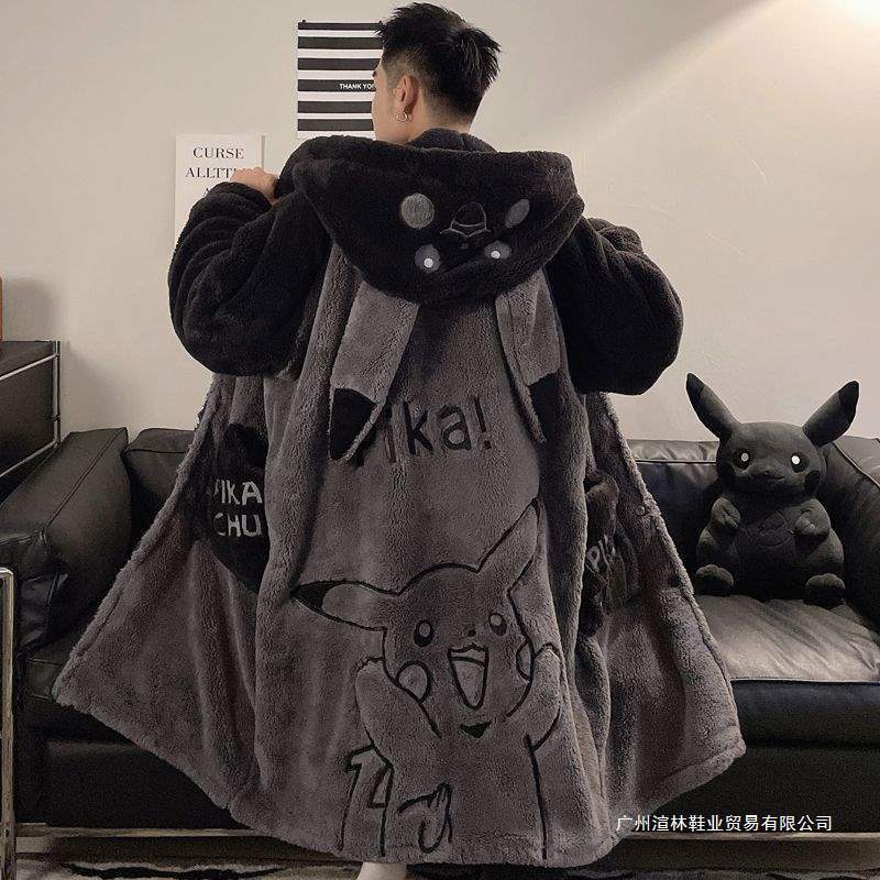 Men's Pajamas, Autumn and Winter, Four-Season Fleece-Lined Coral Velvet Pajamas, Cartoon Suits, Four-Season Flannel Bathrobes, Home Clothes