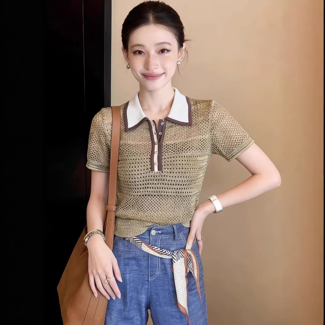 Áo thun dệt kim nữ cổ polo ngắn tay, phong cách Hàn Quốc, thiết kế hở vai lửng — màu sắc chi tiết 2