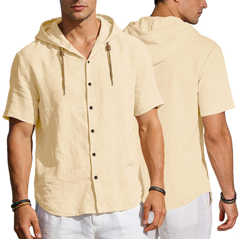Camisa de lino con capucha para hombre, estilo europeo y americano, transfronteriza, de Amazon, con botones, fina, de verano, informal, de manga corta.