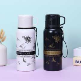 栀子花304不锈钢保温杯女新款高颜值学生水杯子一杯三盖礼品套装