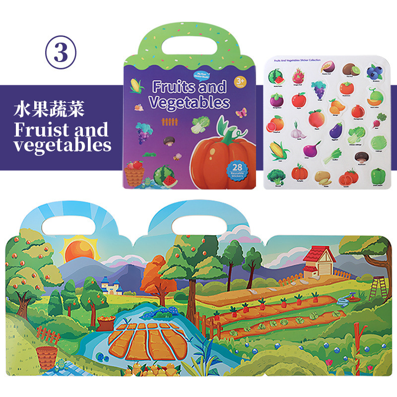 Cross-border Montessori educación temprana etiqueta magnética rompecabezas libro fruta libro tranquilo 2-3 años de edad del bebé dinosaurio pegatina libro juguetes educativos