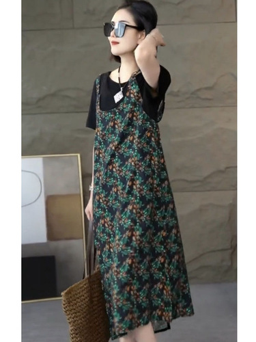 Design-inspired patchwork crew neck short-sleeve dress, 2025 summer two-piece meat-hiding slimming versatile mid-length dress