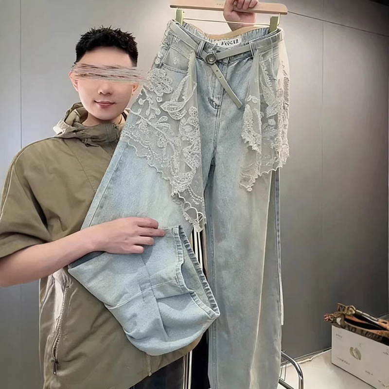 European-Style Embroidered Lace Back Panel Jeans for Women, 2026 Spring/Summer New Style, Plus-Size, Petite, Straight Wide-Leg Pants European-Style Embroidered Lace Back Panel Jeans for Women, 2026 Spring/Summer New Style, Plus-Size, Petite, Straight Wide-Leg Pants