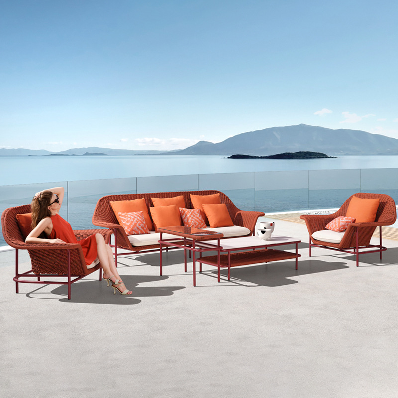 Internet-famous outdoor rattan sofa chair, courtyard, hotel, sunroom, villa, outdoor leisure rattan chair, coffee table, rattan sofa set