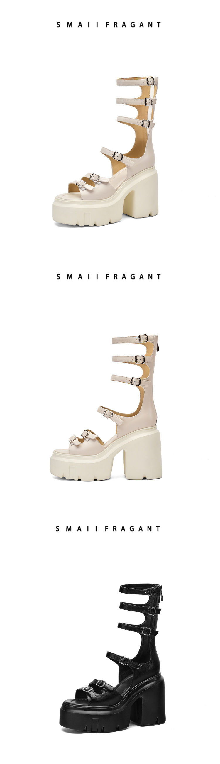Boot sandal nữ cổ thấp đế dày gót 12 cm khóa thắt lưng — Màu đen chi tiết 12