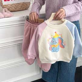 女童卫衣23秋冬新款韩版儿童加绒卡通卫衣宝宝加厚可爱拼色套头衫