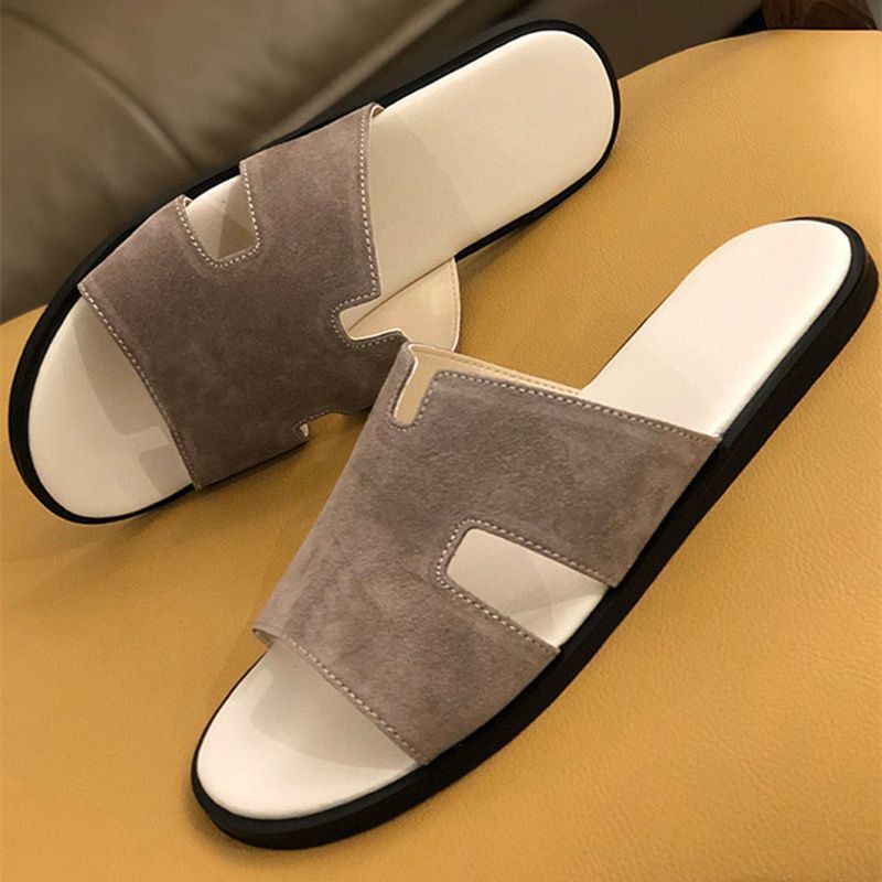 Men's Soft Leather Sandals British Style European Station H Slippers Men's Classy Slippers Men's Slippers Indoor and Outdoor Beach