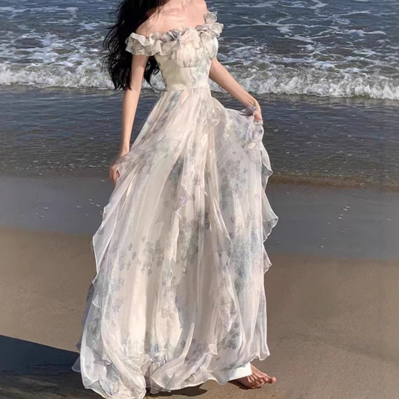 Seaside Holiday Style Suspender Dress Yarn French Ruffled Beach dress Atmosphere Long Dress Elegant Fairy Fan Chao