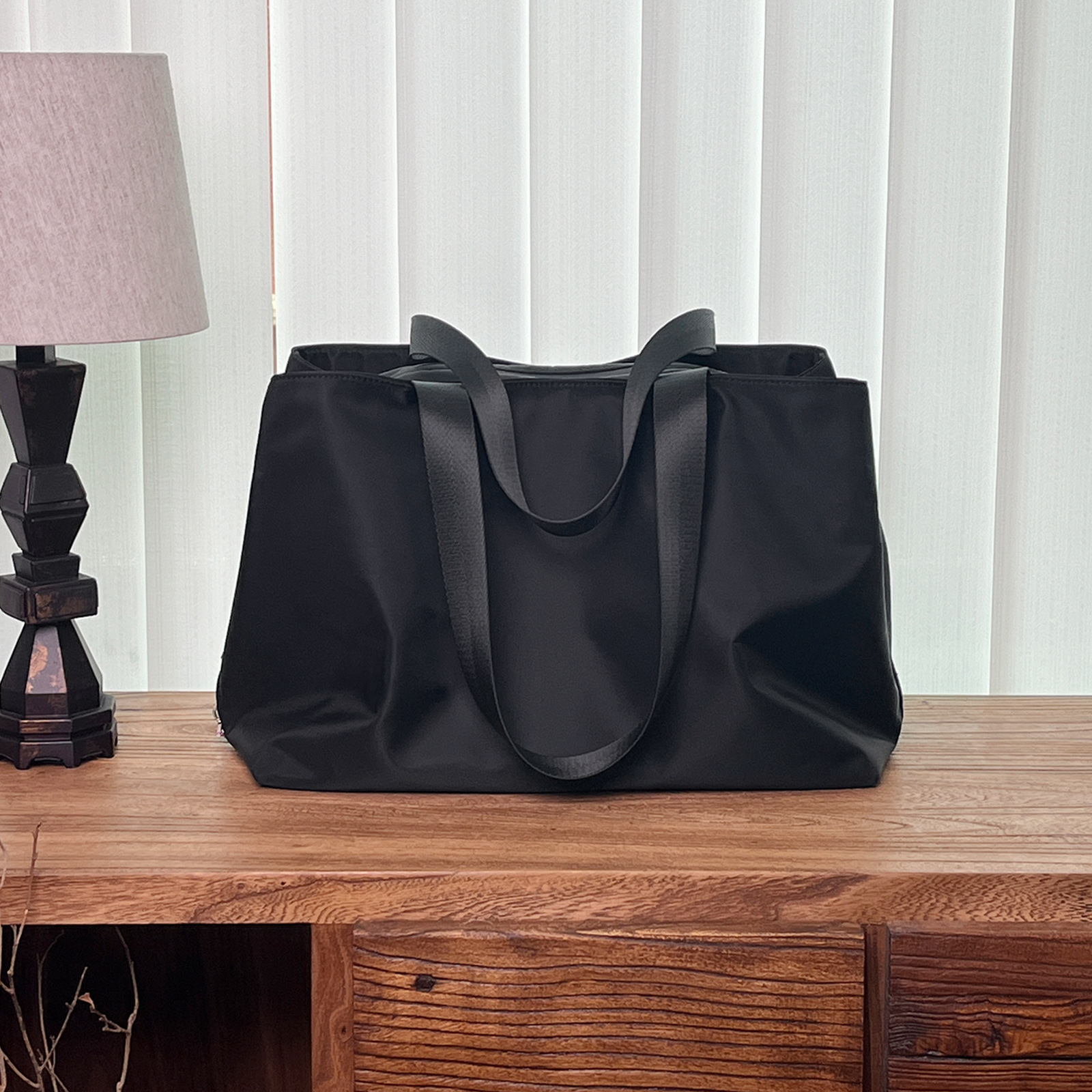 Oxford Cloth Tote Bag, Waterproof Nylon Commuter Bag, Black Canvas Laptop Handbag, Large Capacity
