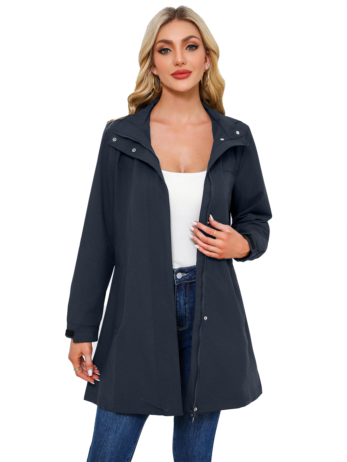 Women's Clothing new spring and autumn detachable hood water repellent windbreaker women's solid color long sleeved thin jacket_voghion.com