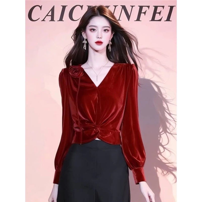 2025新中国風vネックシャツ女性秋冬安可拉紅超美しい上着気質シャツ|undefined