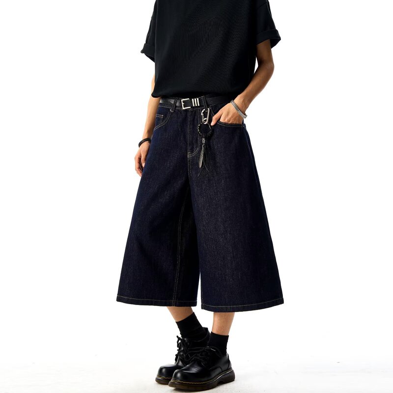 Blue Wide-Leg Cropped Pants Summer Fashion High-Waisted Jeans 2025 New Versatile Casual Trendy Loose Mid-Length Pants