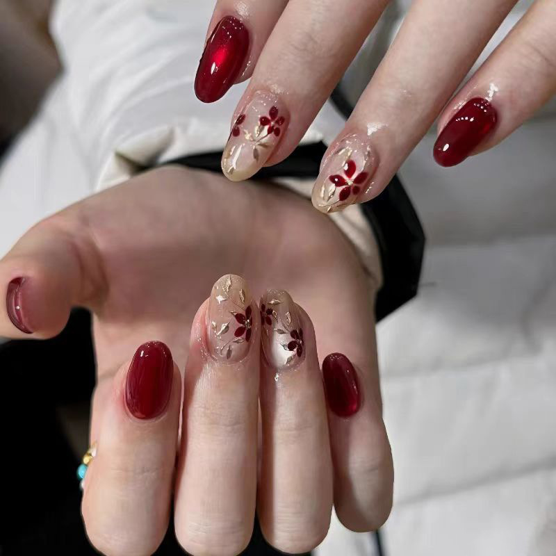 New Enamel Gilt Red Glass Beads Handmade Manicure White Cat Eye Short Style High-End Wearable Nails