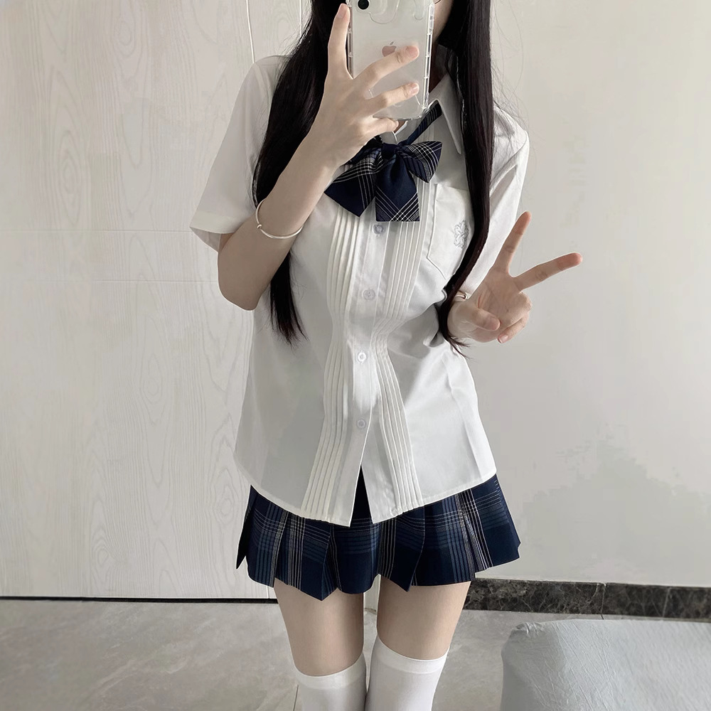 THORNY RABBIT 오리지널 JK 우미 사쿠라 반팔 셔츠 일본 제복 대학 스타일 사키 체크 무늬 스커트 아코디언 플리츠 셔츠 가을, 겨울