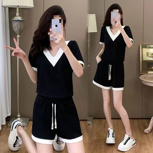 Pure Cotton Casual Sports Shorts Suit for Women 2024 Summer Large Size Loose Flesh-Covering Style Contrasting Color Shorts Two-Piece Set