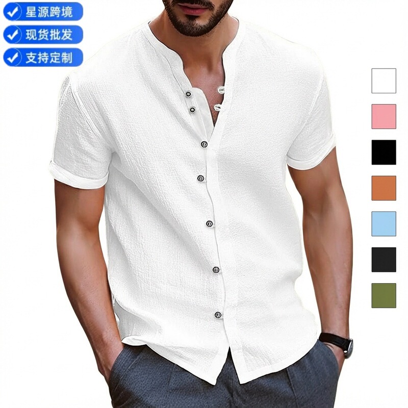 Cross-Border Amazon Ebay Hot-Selling Hawaiian New Fashion Men's Retro Button Cotton and Linen Casual Short-Sleeved Shirt