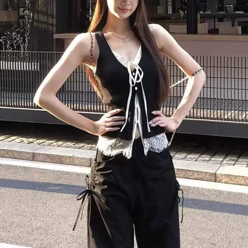 Pure Lust Style Camisole Women's 2025 New Summer Outer Wear Black Sexy Wear Lace Fake Two-Piece Sleeveless Top