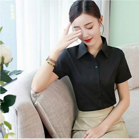 白いシャツの女性の夏の半袖の職業の服装の韓国版の修身の半袖の百合の大きいサイズの工装のシャツの女性の作業服の青い色