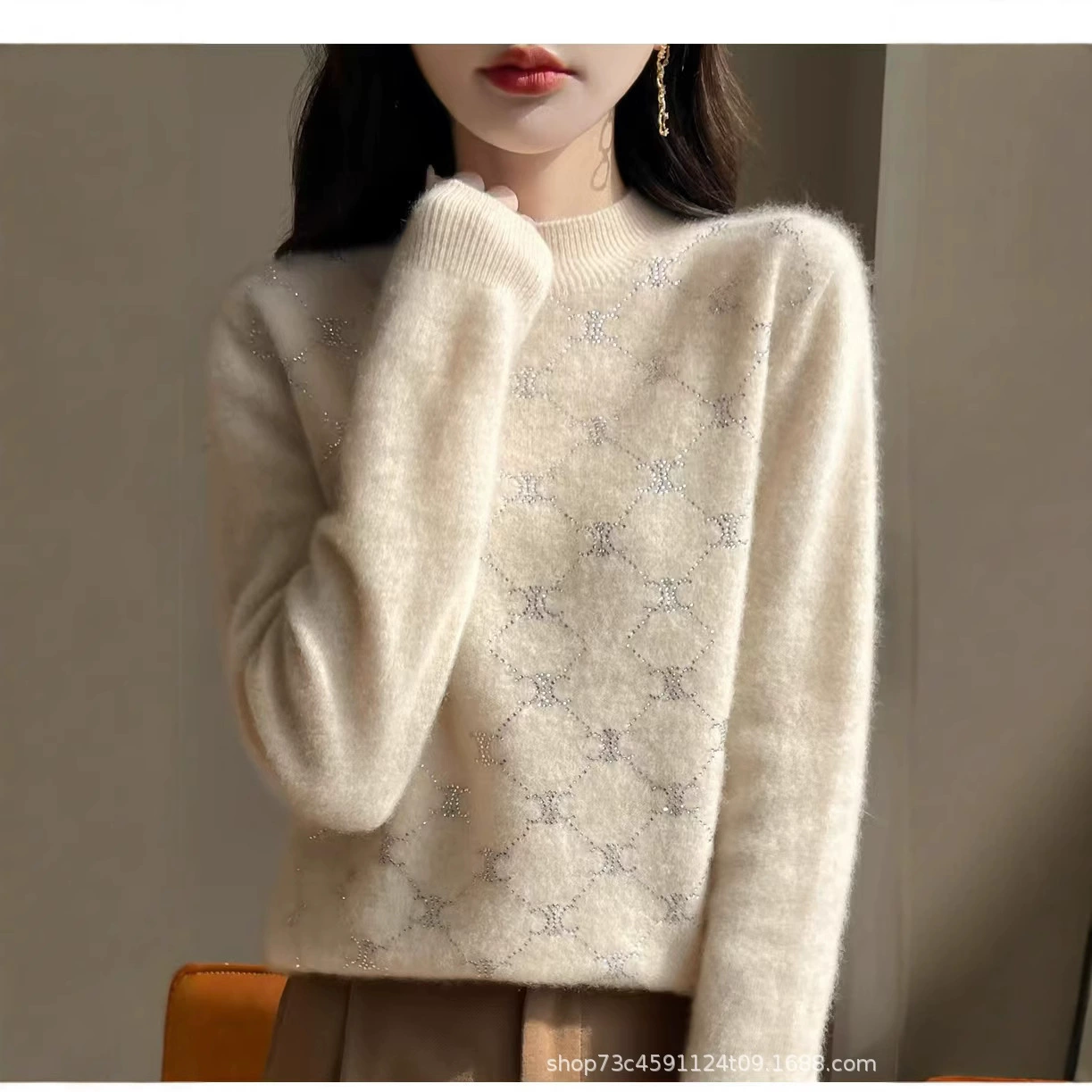 Одежда с первой линией 100% чистый шерстяной свитер женский премиум-класса с горячим бриллиантом с полувысоким воротником свитер нижний свитер свободный топ