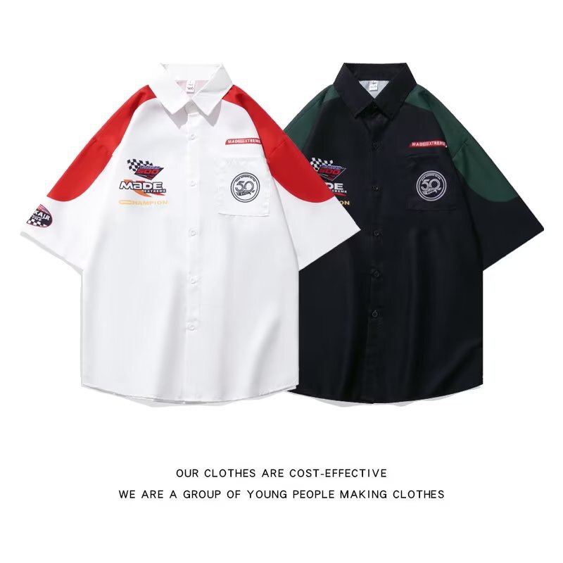 American-Style Racing Short-Sleeve Shirt for Spring and Summer, Plus-Size Men's Fashion Brand, European and American High Street Biker Style Half-Sleeve Top