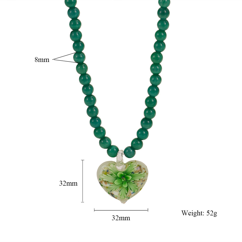 Cat's Eye Stone, glass Material Heart Shape Pattern All Seasons Season Simple Style Classic Style Heart Shape Cat's Eye Stone Glass Beaded Chain Beaded Necklaces Wholesale