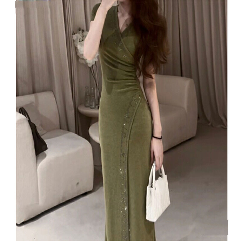 Sage Green Summer Dress! French-Style Light Luxury Vibe, New Summer Sage Green Slit Dress