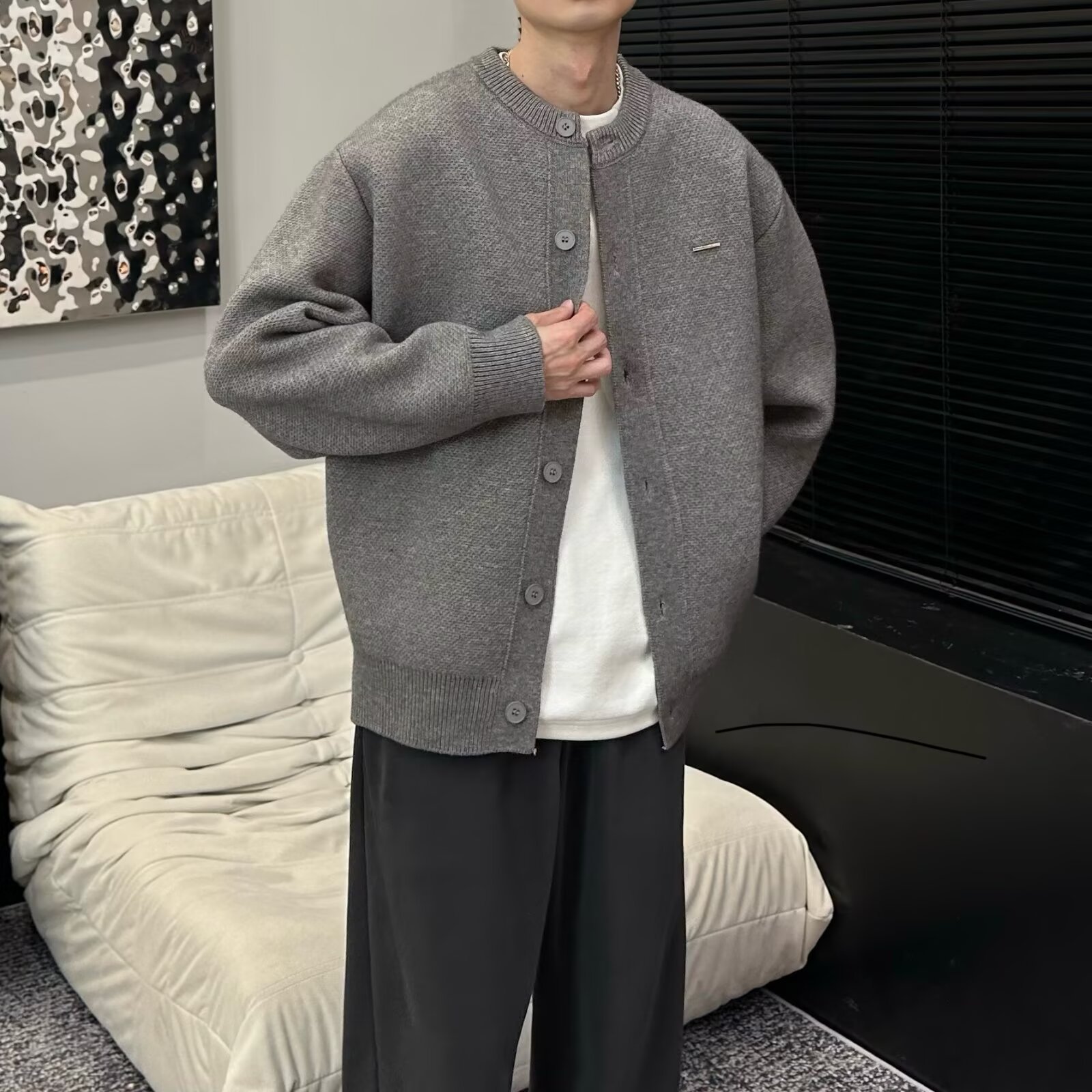 Men's Knit Cardigan – Oversized Casual Sweater With Diamond Embroidery (Polyester Fleece, Grey/Black, M-3XL)_voghion.com