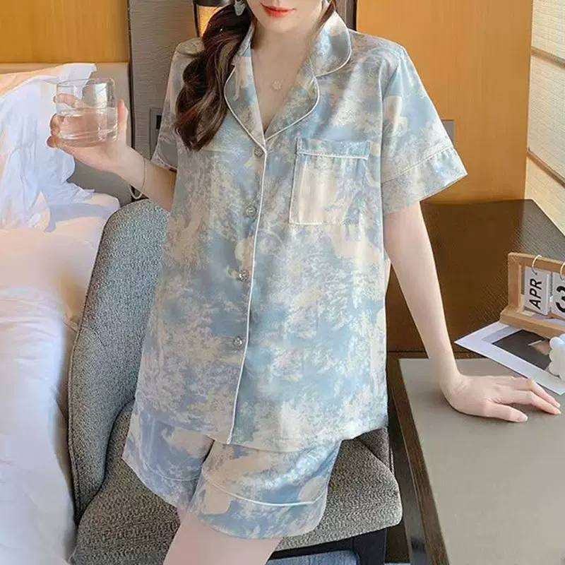 工厂直销夏季睡衣女士日系蓝白扎染短袖短裤开衫舒适家居服两件套