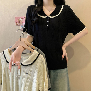 Short-sleeved sweater plus size women's 2025 new chubby girl fashion color matching doll collar embroidered bow half sleeve top