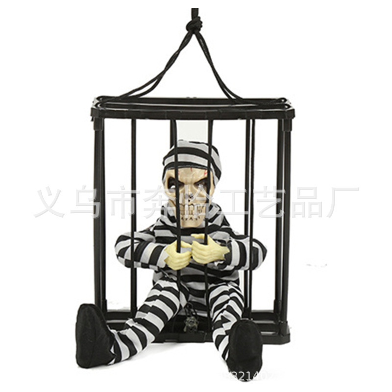 Fantasma colgante de prisionero muerto en jaula - Juguete de truco para casa embrujada de Halloween, luminoso y con sonido, accesorio de terror