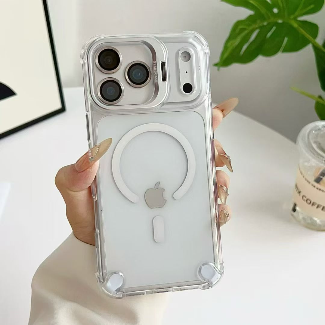 Aplicable a Apple 17PRO soporte de lente metálica de succión magnética caso de teléfono celular iPhone14 bolsas de aire cuadrangulares caso duro transparente