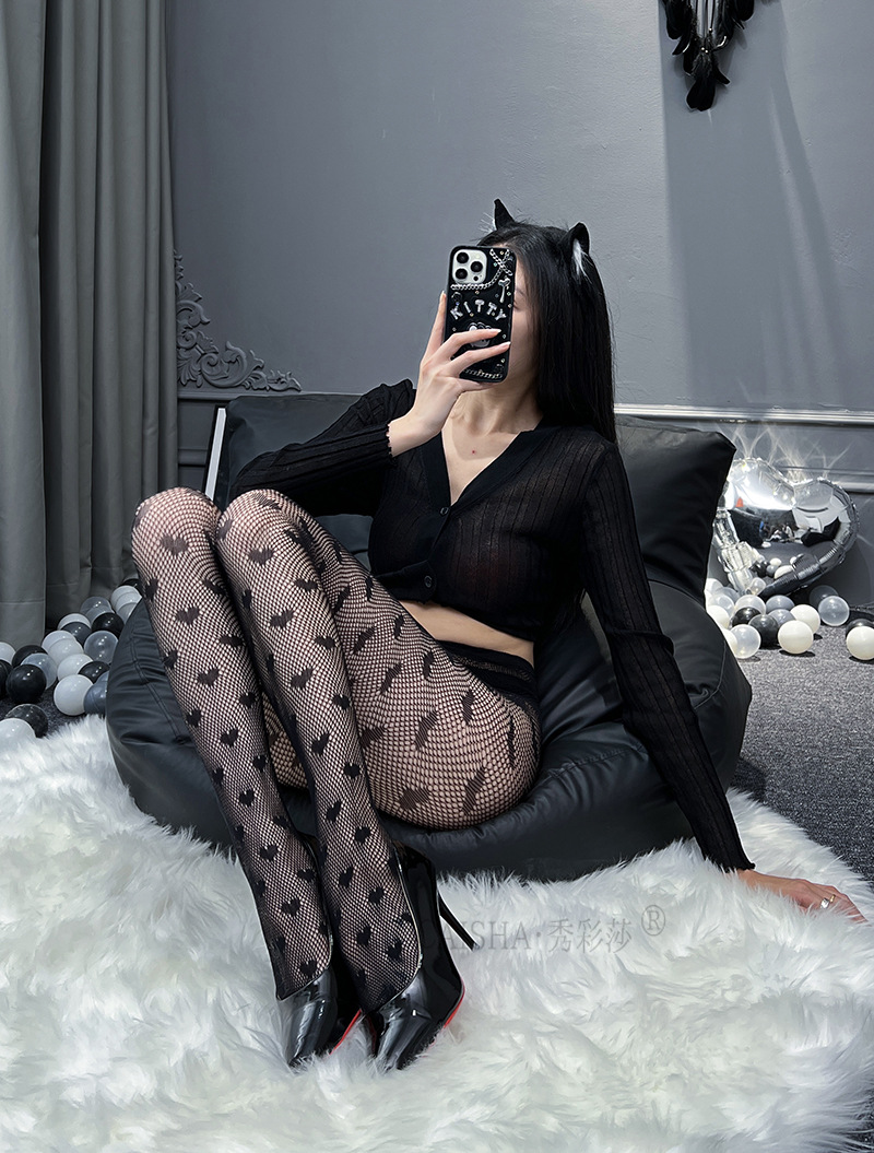Women’s Black Fishnet Pantyhose, Heart Mesh Design, Slim-Fit Sheer Legwear — detail image 7