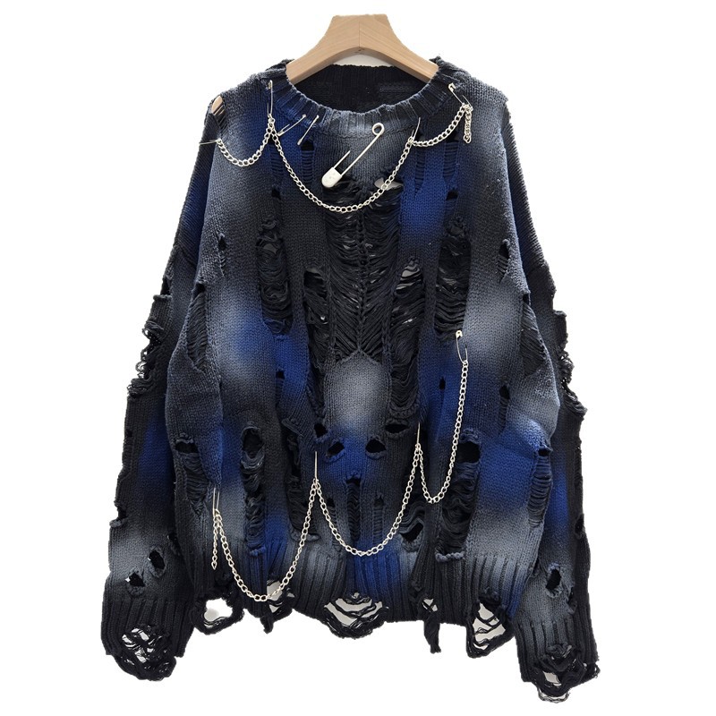 Europa y los Estados Unidos nicho color borrado agujero diseño suéter mujeres coreanas perezosas cadenas de viento pin decoración de cuello redondo jersey image 5