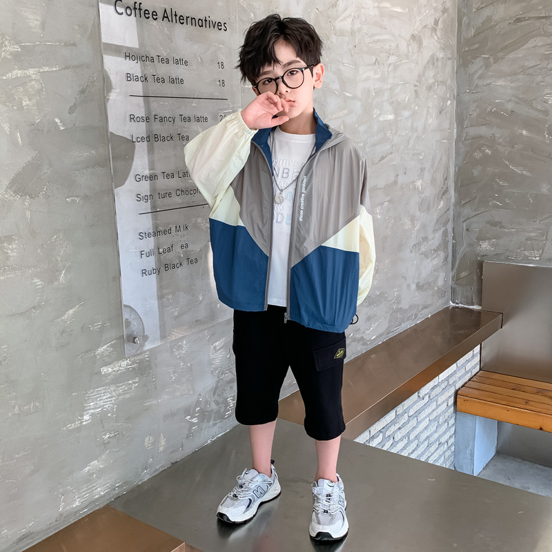 (2개) 남학생 선스크린 코트 어린이 2024 여름 착용 얇은 유행 외국 스타일 야외 착용 후드 얇은 탑