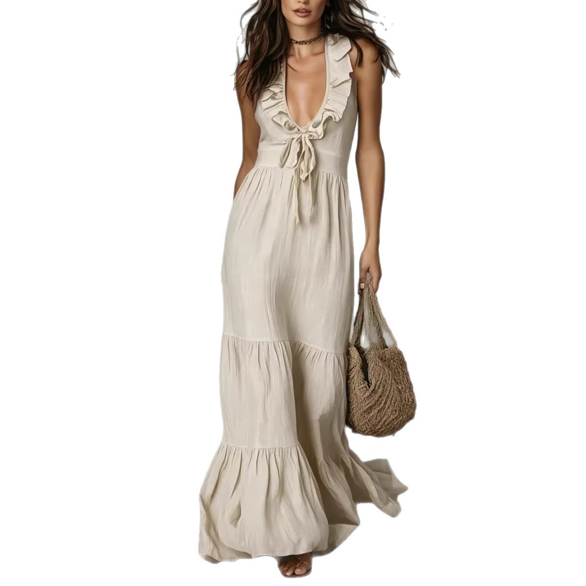 Breathable Linen-Blend V-Neck Maxi Dress, Sleeveless A-Line Shift Dress For Casual & Occasional Wear_ecoleips.com