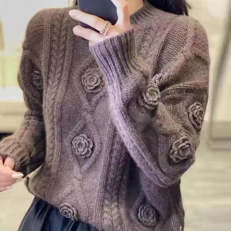 [Kasjmir Arisocraic Family] Fried Dough Twiss-genser med rund hals og blomsterprint, damegenser med løs bomullskrage_voghion.com