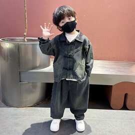 小黄鸭男童春季套装2025新款儿童春秋帅气牛仔两件套男孩时髦洋气
