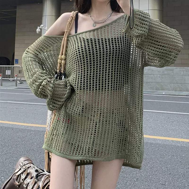 春夏新款镂空露肩辣妹风针织衫女宽松休闲罩衫外搭设计感上衣女潮