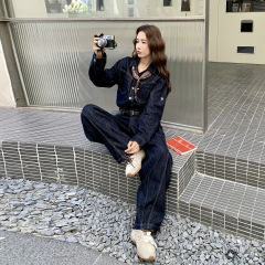 盐系复古牛仔连体裤配丝巾套装女2025早春秋韩版小个子短款连身裤