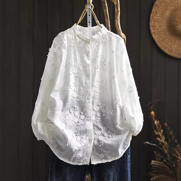 Amazon Aliexpress 2025 Small Stand-Up Collar Three-Dimensional Floral Heavy Embroidery Versatile White Shirt for Women Loose Fit