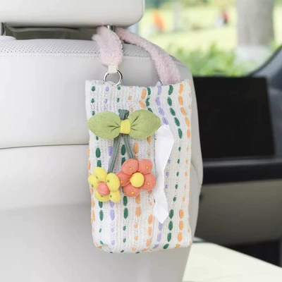Tissue Box Advanced Sense Car Hanging: Car tissue box/set - beige-striped-paper-towel-bow-flower