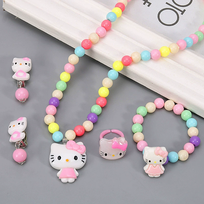 Набор детских украшений Hello Kitty: ожерелье, браслет, кольца, бантики для волос, мультяшные аксессуары для принцессы
