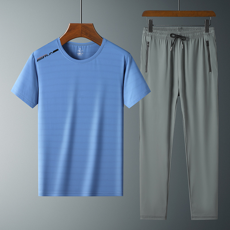 Moda pantalones de seda de hielo cuello redondo Camiseta de dos piezas para hombres talla grande suelta de secado rápido traje deportivo LOGO se puede formular