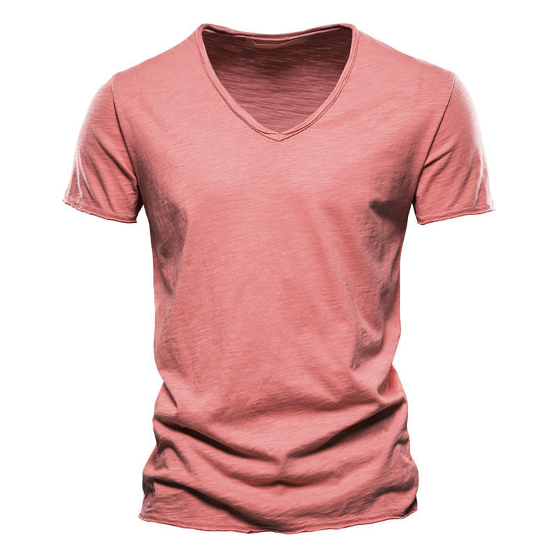 Comercio exterior de verano hombre nuevo color sólido bambú sección de algodón cuello V camiseta de manga corta de algodón para hombres europeos y americanos venta caliente