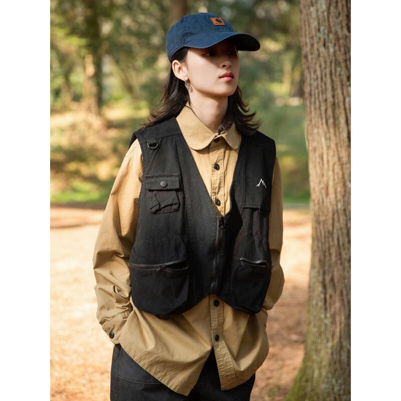 Spring and Autumn Japanese Vintage Multi-Pocket Workwear Vest Outdoor Functional Sleeveless Shoulder Casual Loose Coat Women