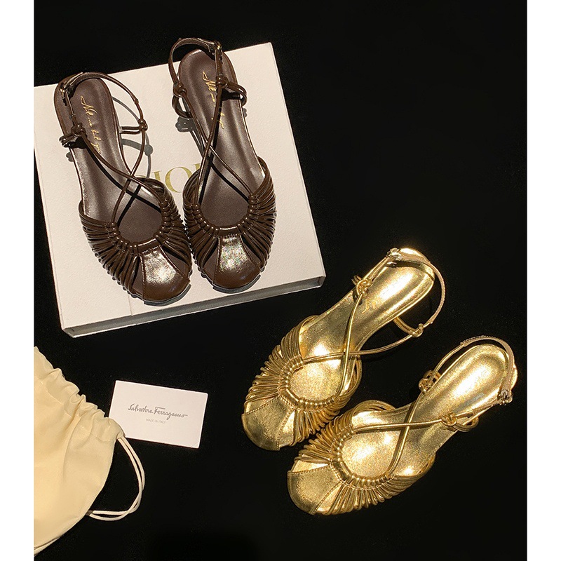 Sandal nữ quai mảnh buộc chéo gót trung bình phong cách Hàn Quốc — màu nâu chi tiết 5