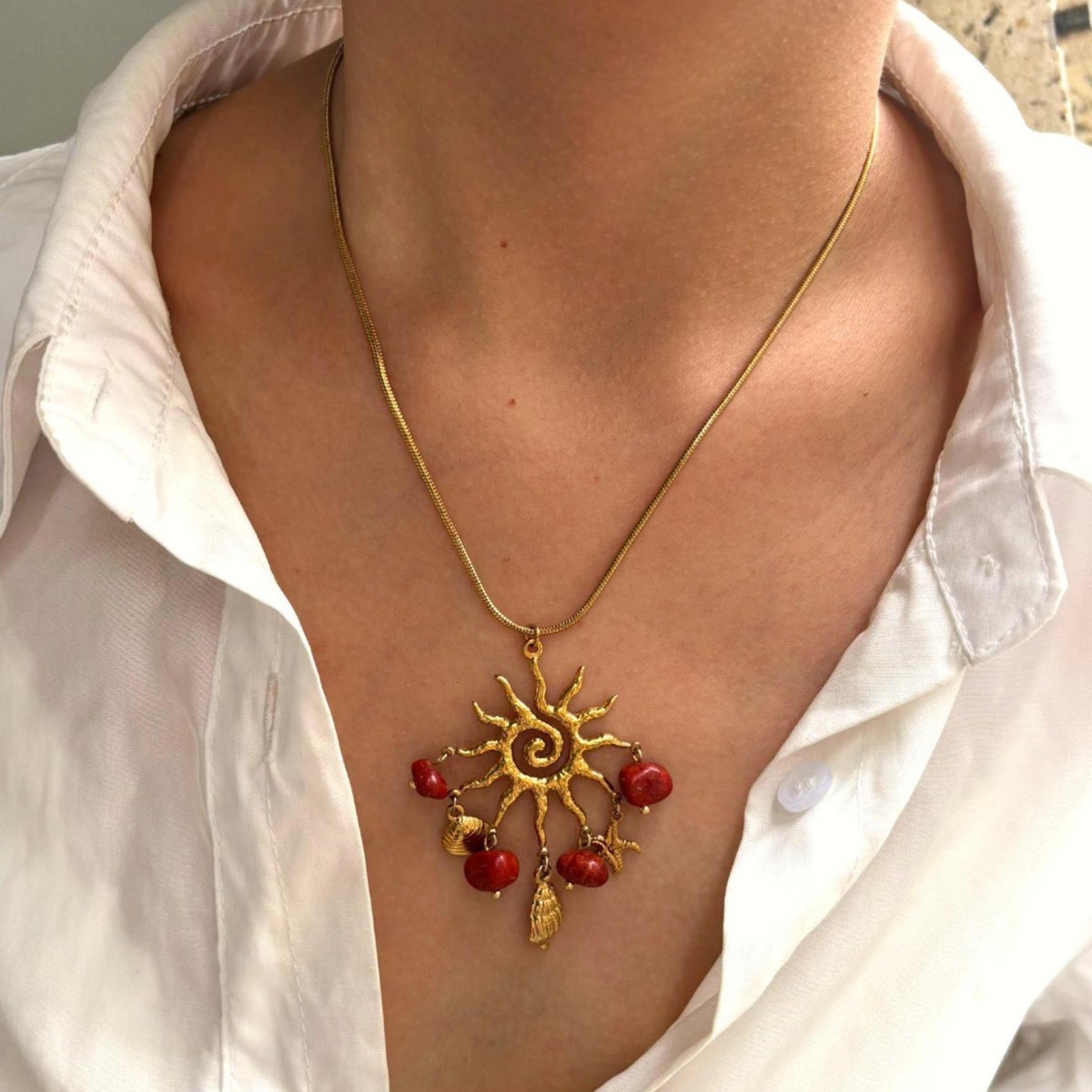 Cross-Border Foreign Trade New Stainless Steel Sun Natural Stone Design Women's Necklace Personalized Autumn and Winter Versatile Sweater Chain