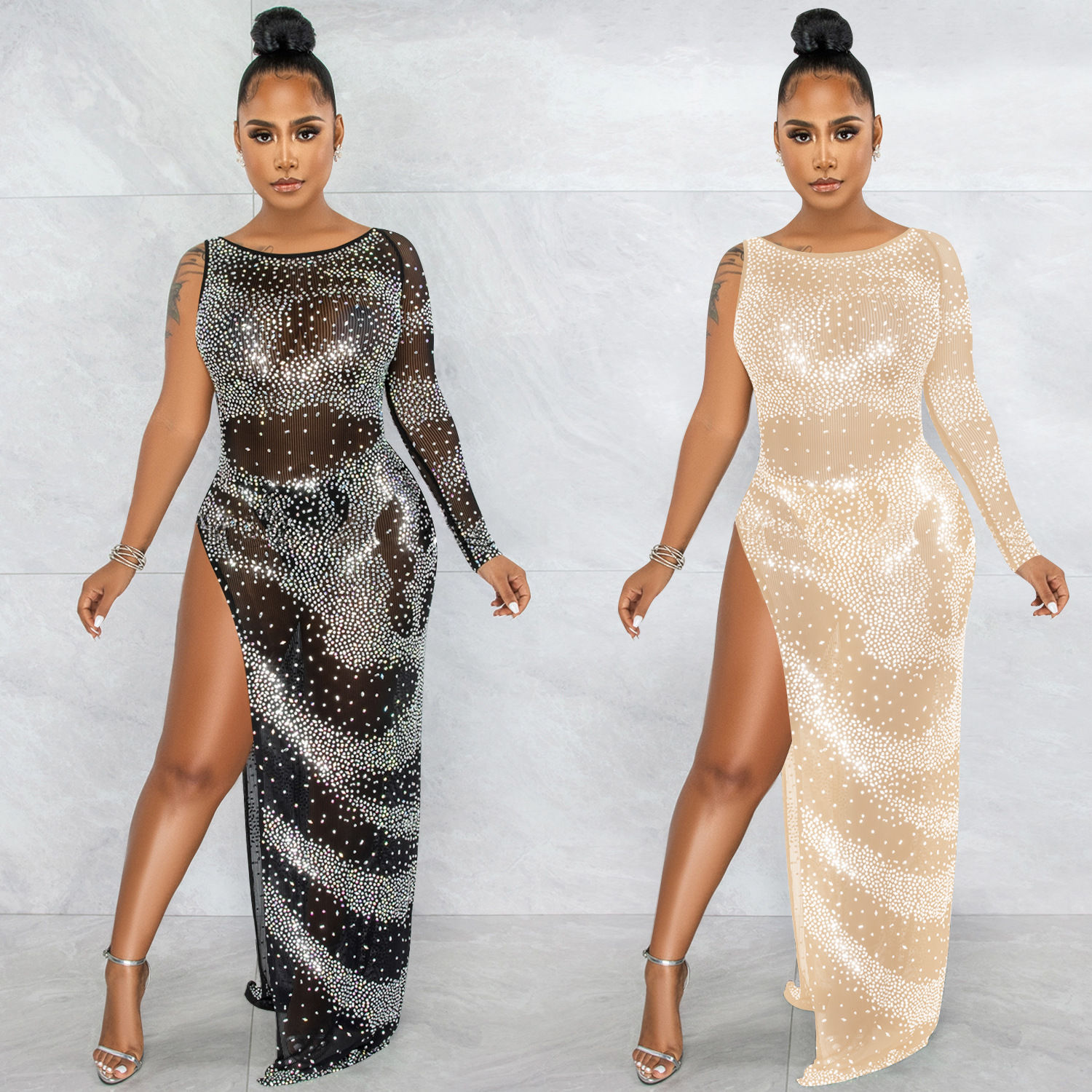 X5622 AliExpress Amazon moda sexy discoteca perforación caliente solo manga larga irregular split vestido