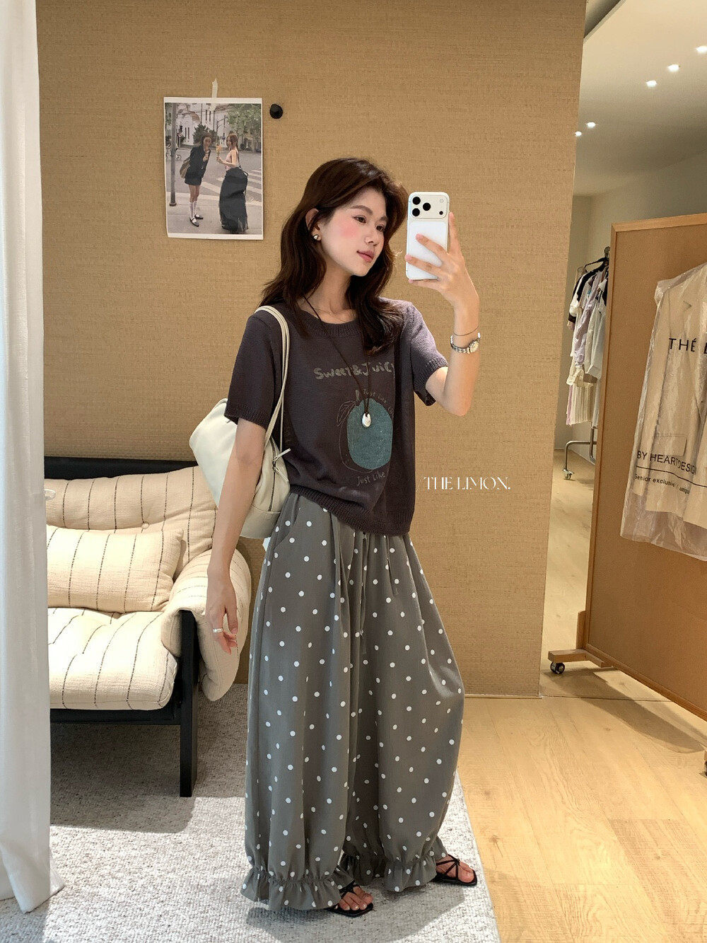Quần culottes nữ ống rộng chấm bi phong cách vintage, cạp chun, dáng suông rộng thoải mái — màu đen, Màu bí ngô, màu trắng, màu xám chi tiết 19