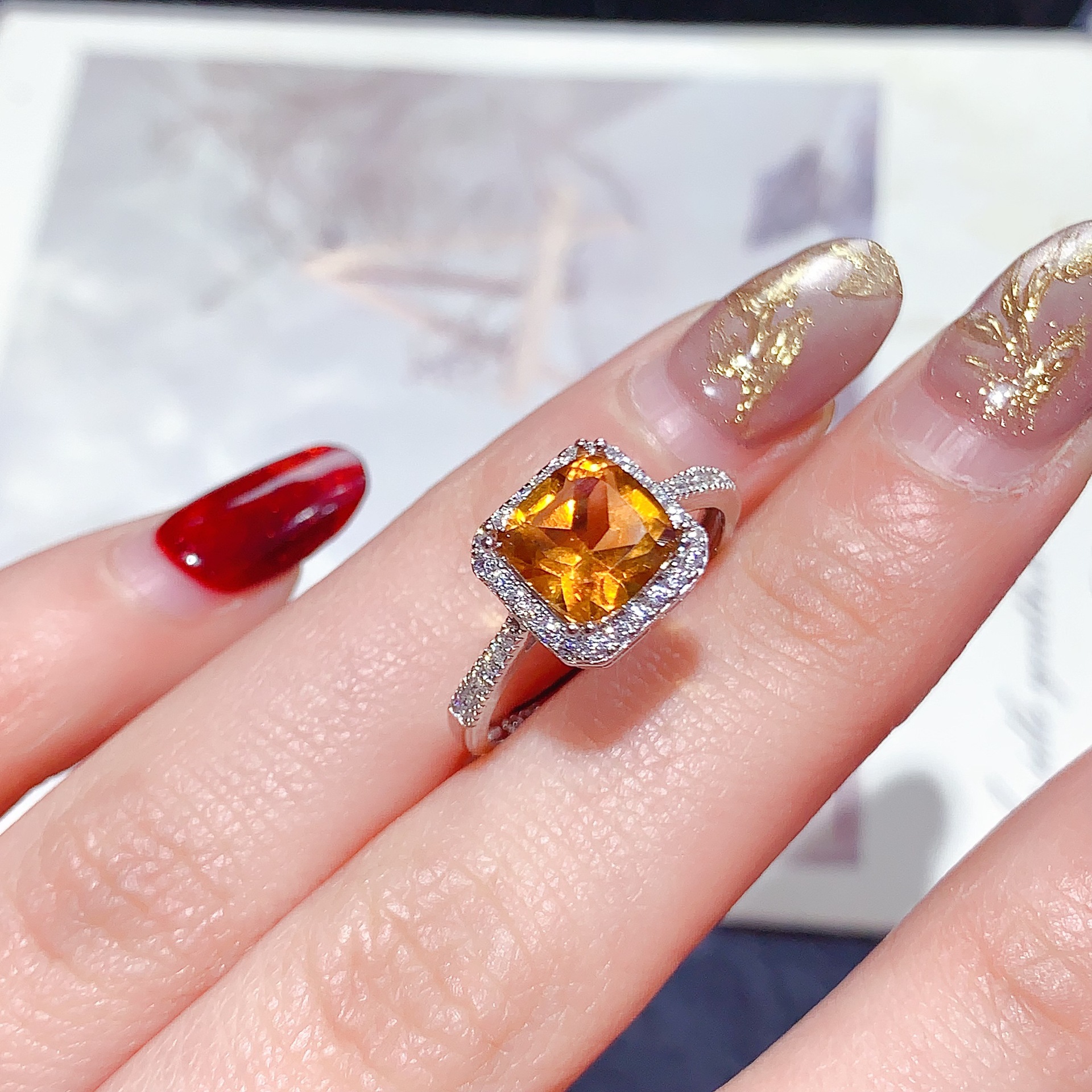 S925 Silver Inlaid Natural Citrine Ring Square Accessible Luxury High-End Versatile Exquisite Colorful Treasure Jewelry Women's Batch